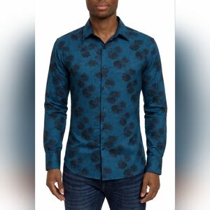 Express Teal and Black Floral Button Down Shirt